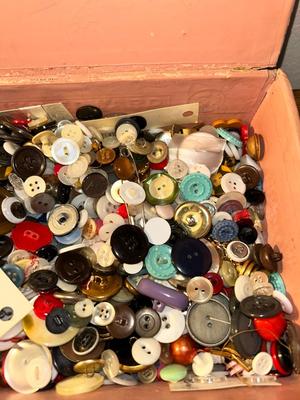 DRAWER ORGANIZER, VINTAGE BUTTONS GALORE, SCISSORS AND THIMBLES,