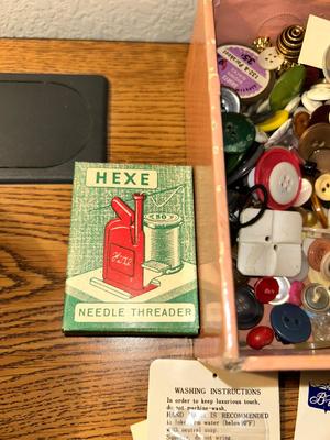 DRAWER ORGANIZER, VINTAGE BUTTONS GALORE, SCISSORS AND THIMBLES,