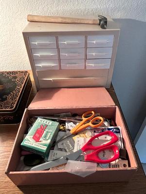 DRAWER ORGANIZER, VINTAGE BUTTONS GALORE, SCISSORS AND THIMBLES,