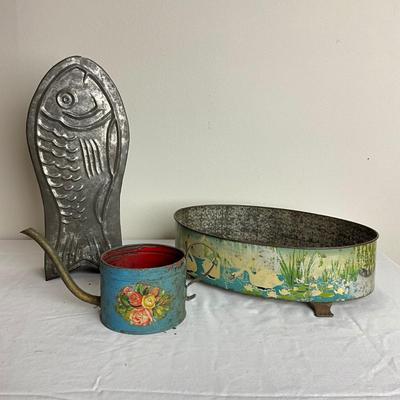 D915 Antique Litho print Tin Swan Footed Planter w/ Fish Mold and Childs Watering Can