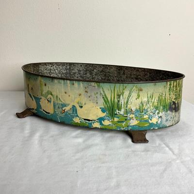D915 Antique Litho print Tin Swan Footed Planter w/ Fish Mold and Childs Watering Can