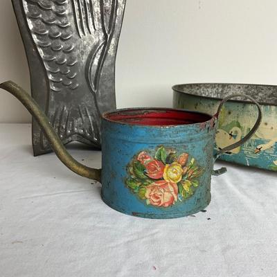 D915 Antique Litho print Tin Swan Footed Planter w/ Fish Mold and Childs Watering Can