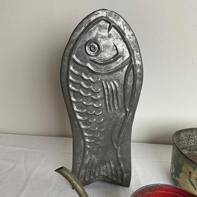 D915 Antique Litho print Tin Swan Footed Planter w/ Fish Mold and Childs Watering Can
