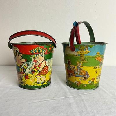 D916 Antique Tin Litho print Sand Pails - Three Little Pigs and Animals playing in Pond