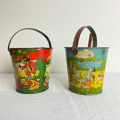 D916 Antique Tin Litho print Sand Pails - Three Little Pigs and Animals playing in Pond
