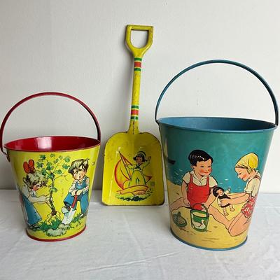 D917 Lot of Two Vintage German Litho Print Sand Pails with J. Chein Shovel