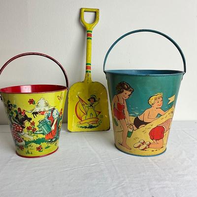 D917 Lot of Two Vintage German Litho Print Sand Pails with J. Chein Shovel
