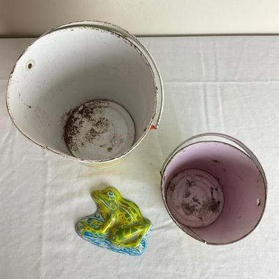 D918 Two Vintage J. Chein "Under the Sea" Sand Pails with Frog Sand Mold