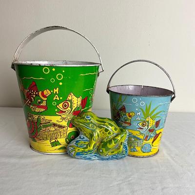 D918 Two Vintage J. Chein "Under the Sea" Sand Pails with Frog Sand Mold