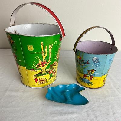 D918 Two Vintage J. Chein "Under the Sea" Sand Pails with Frog Sand Mold