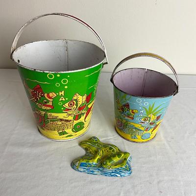 D918 Two Vintage J. Chein "Under the Sea" Sand Pails with Frog Sand Mold