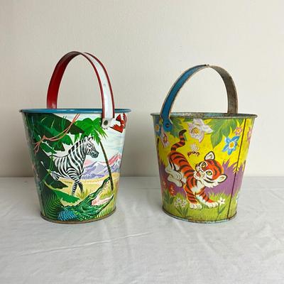 D919 Two Vintage Jungle Safari Themed Tin Sand Pails