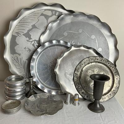 D959 Lot of Aluminum Platters, Coasters, Vase