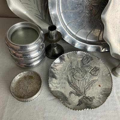 D959 Lot of Aluminum Platters, Coasters, Vase