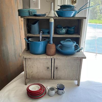 D961 Antique Doll Furniture with Miniature Enamelware Accessories