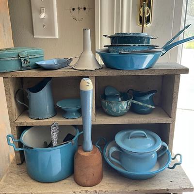 D961 Antique Doll Furniture with Miniature Enamelware Accessories