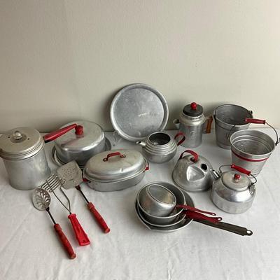 D965 Lot of Vintage Red and Aluminum Childs Doll Kitchenware