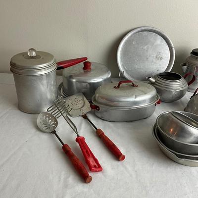 D965 Lot of Vintage Red and Aluminum Childs Doll Kitchenware