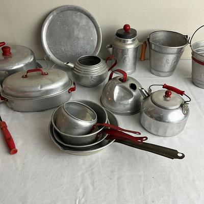 D965 Lot of Vintage Red and Aluminum Childs Doll Kitchenware
