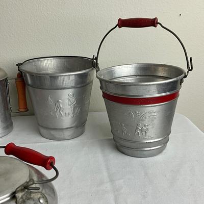 D965 Lot of Vintage Red and Aluminum Childs Doll Kitchenware