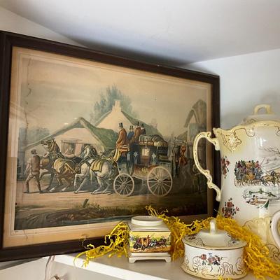 D976 Lot of Vintage Stage Coach Wash Set with Framed Print