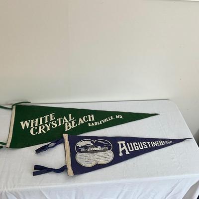 D983 Lot of Two Antique White Crystal Beach & Augustine Beach Pennants