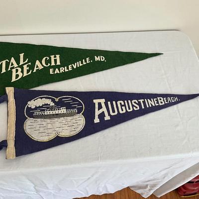 D983 Lot of Two Antique White Crystal Beach & Augustine Beach Pennants