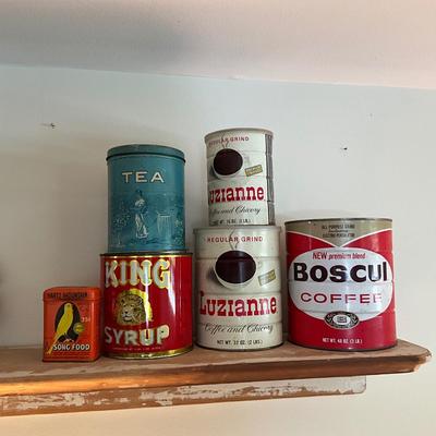 D984 Lot of Vintage Tin Coffee, Tea, Syrup, Bird Food Cans