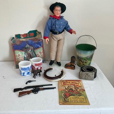 D987 John Wayne Porcelain Doll with Sand Pail, Belt, Mugs, Toys