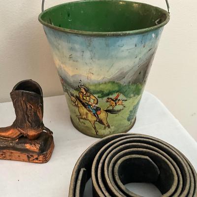 D987 John Wayne Porcelain Doll with Sand Pail, Belt, Mugs, Toys