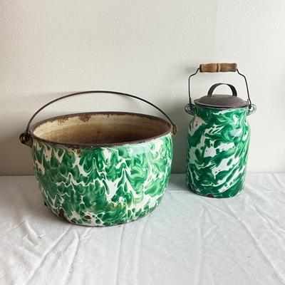 D998 Antique Two Apple Green Graniteware Pail and pot