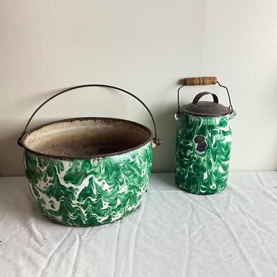 D998 Antique Two Apple Green Graniteware Pail and pot