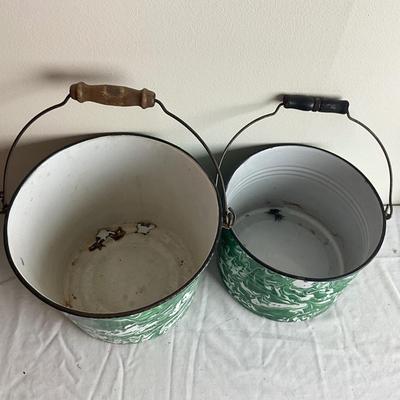 D999 Two Antique Apple Green and White Swirl Graniteware