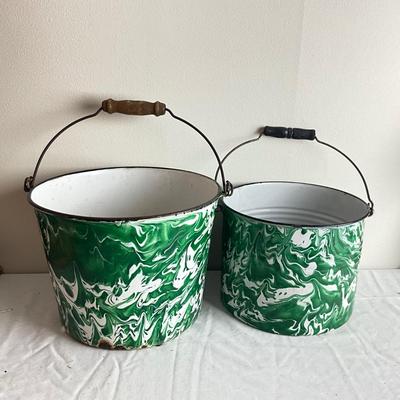 D999 Two Antique Apple Green and White Swirl Graniteware