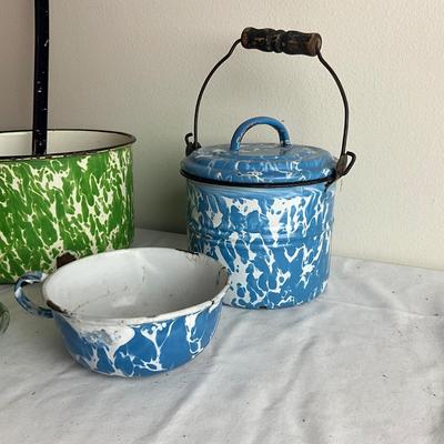 D1003 Lot of Mixed Blue, Green & White Swirl Graniteware Pieces