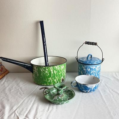 D1003 Lot of Mixed Blue, Green & White Swirl Graniteware Pieces