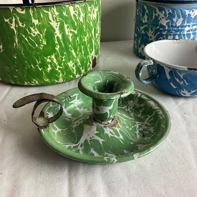 D1003 Lot of Mixed Blue, Green & White Swirl Graniteware Pieces