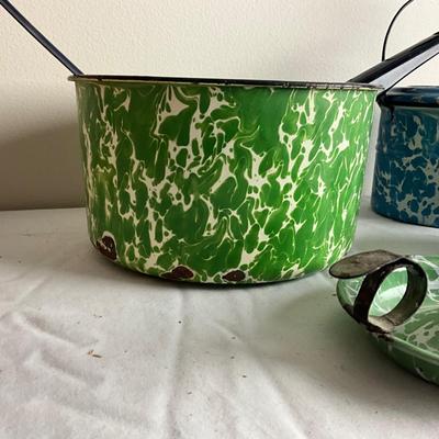 D1003 Lot of Mixed Blue, Green & White Swirl Graniteware Pieces