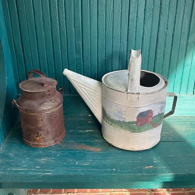 P1010 Vintage Painted Metal Watering Can and Milk Jug