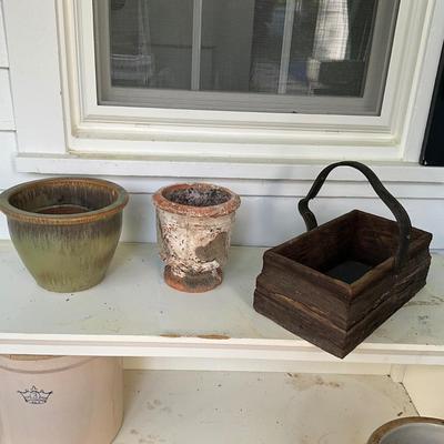 P1016 Lot of Two Garden Pots and Wooden Leather handled basket