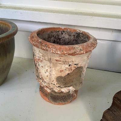 P1016 Lot of Two Garden Pots and Wooden Leather handled basket