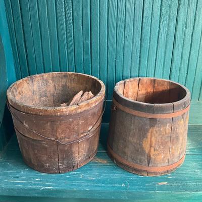 P1018 Lot of Two Vintage Wooden Firkin Buckets