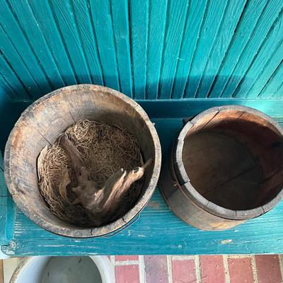 P1018 Lot of Two Vintage Wooden Firkin Buckets