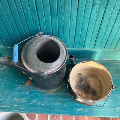 P1019 vintage metal Watering can with a Enamelware pot