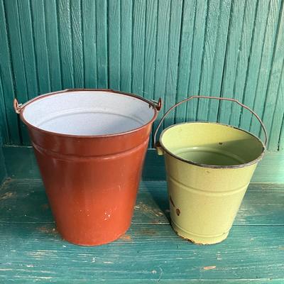 P1020 Two Vintage Brown and Green Enamel Buckets