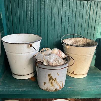P1021 Lot of Three Enamel Buckets, One with Shells