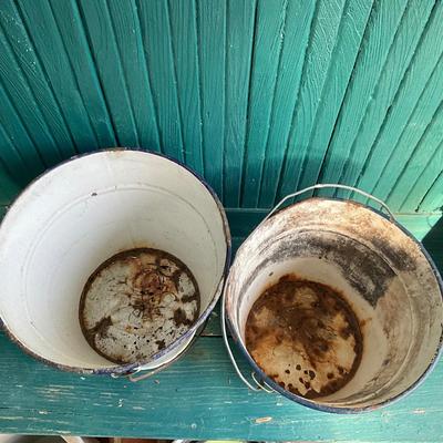 P1021 Lot of Three Enamel Buckets, One with Shells