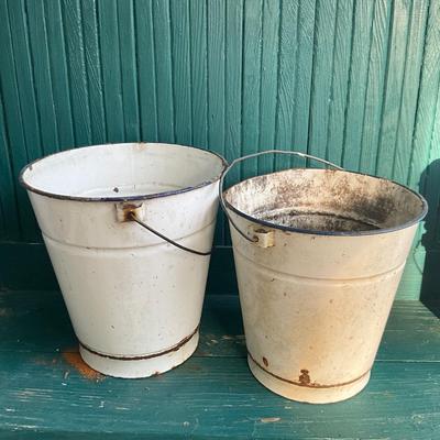 P1021 Lot of Three Enamel Buckets, One with Shells