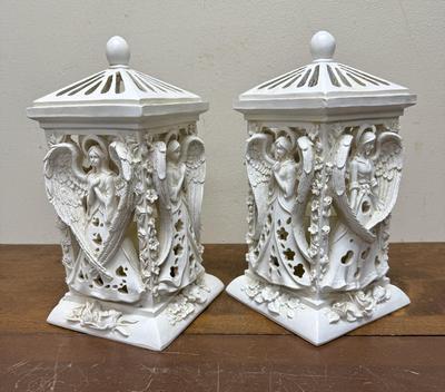 Pair of Angel Lanterns Flameless Candle With A Timer Ivory Colored Battery Powered