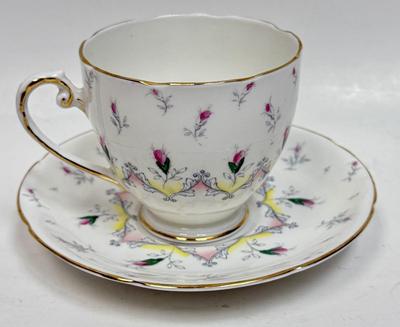 Teacup and Saucer - white with pink flowers - Crafton China Made in England